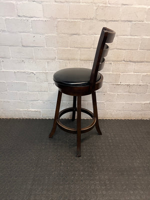 Dark Brown Wooden Bar Stool with Leather-Look Padded Seat — Frame Scuffs and Scratched Leather Seats – top view