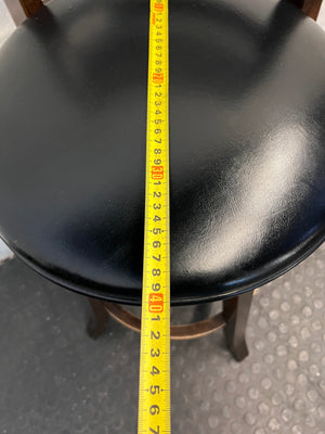 Dark Brown Wooden Bar Stool with Leather-Look Padded Seat — Frame Scuffs and Scratched Leather Seats – width measurement