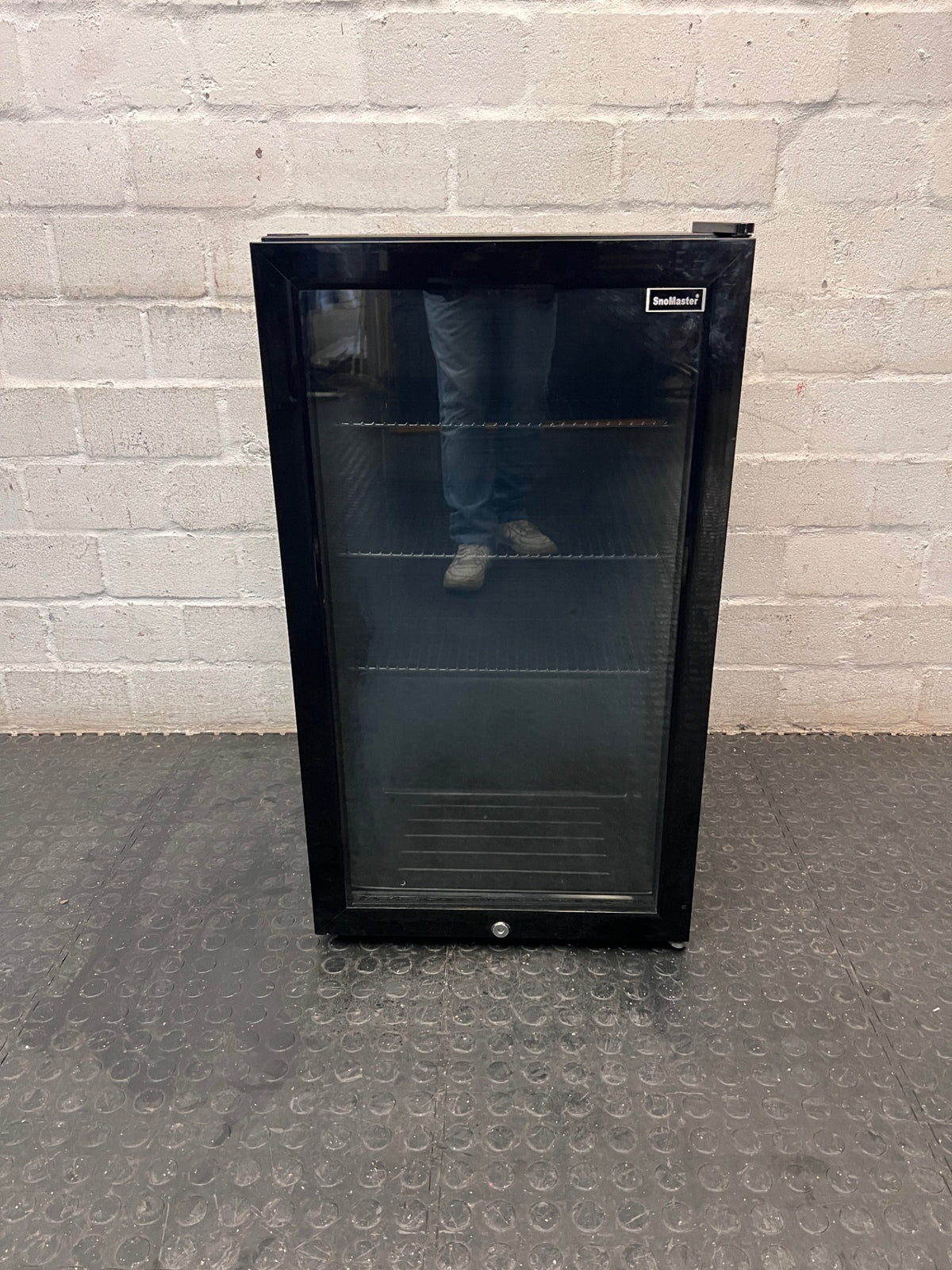 SnoMaster Glass Door Bar Fridge with Black Frame — Interior Light Non-Functional; Minor Scratches and Dents – main front view