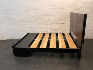 Double Bed Frame with Panelled Headboard and Footboard Drawers — Used Double Bed Frame and Base – condition detail