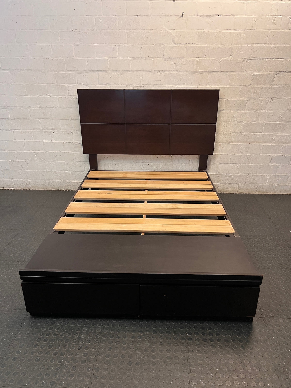 Double Bed Frame with Panelled Headboard and Footboard Drawers — Used Double Bed Frame and Base – main front view