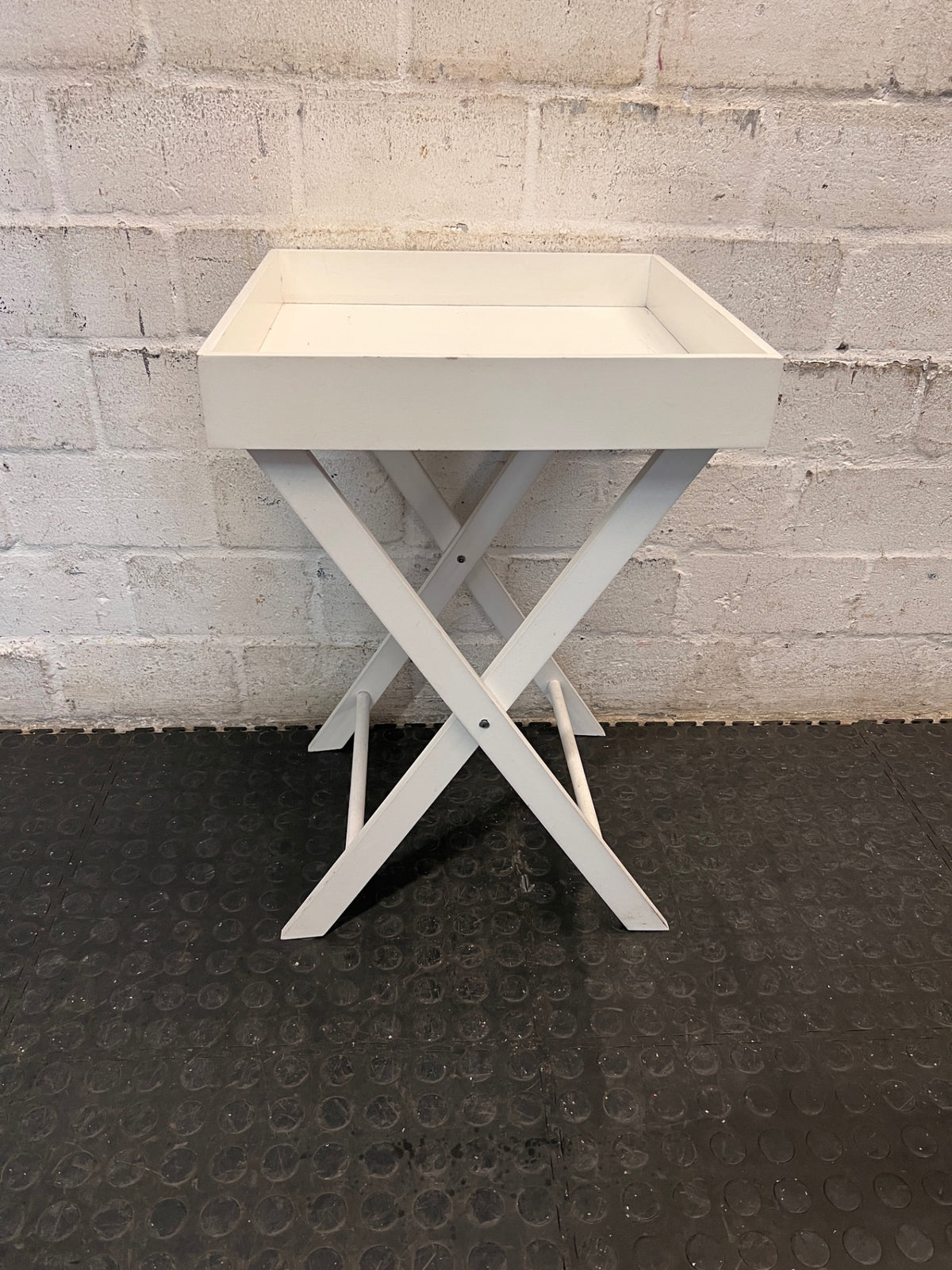 White Butler Style Side Table with Folding Stand — Small Marks on Finish – back view