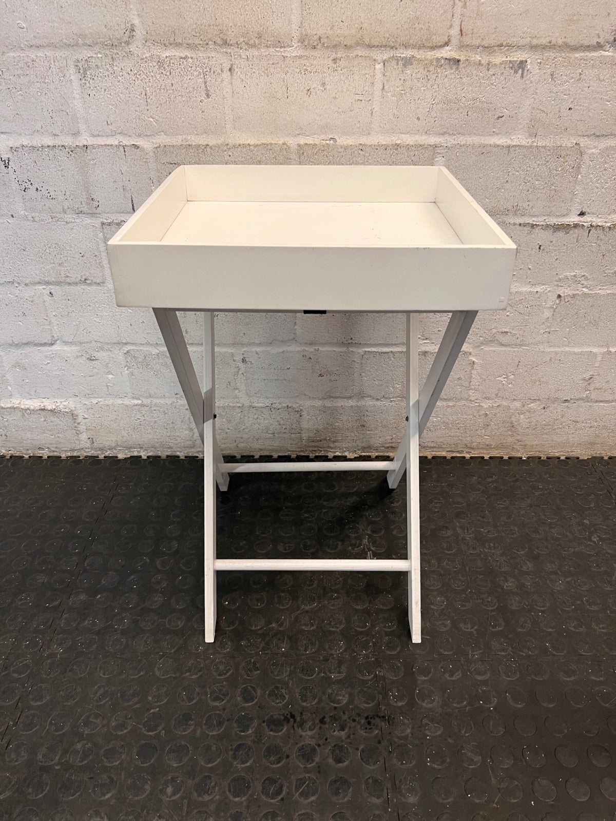 White Butler Style Side Table with Folding Stand — Small Marks on Finish – side view