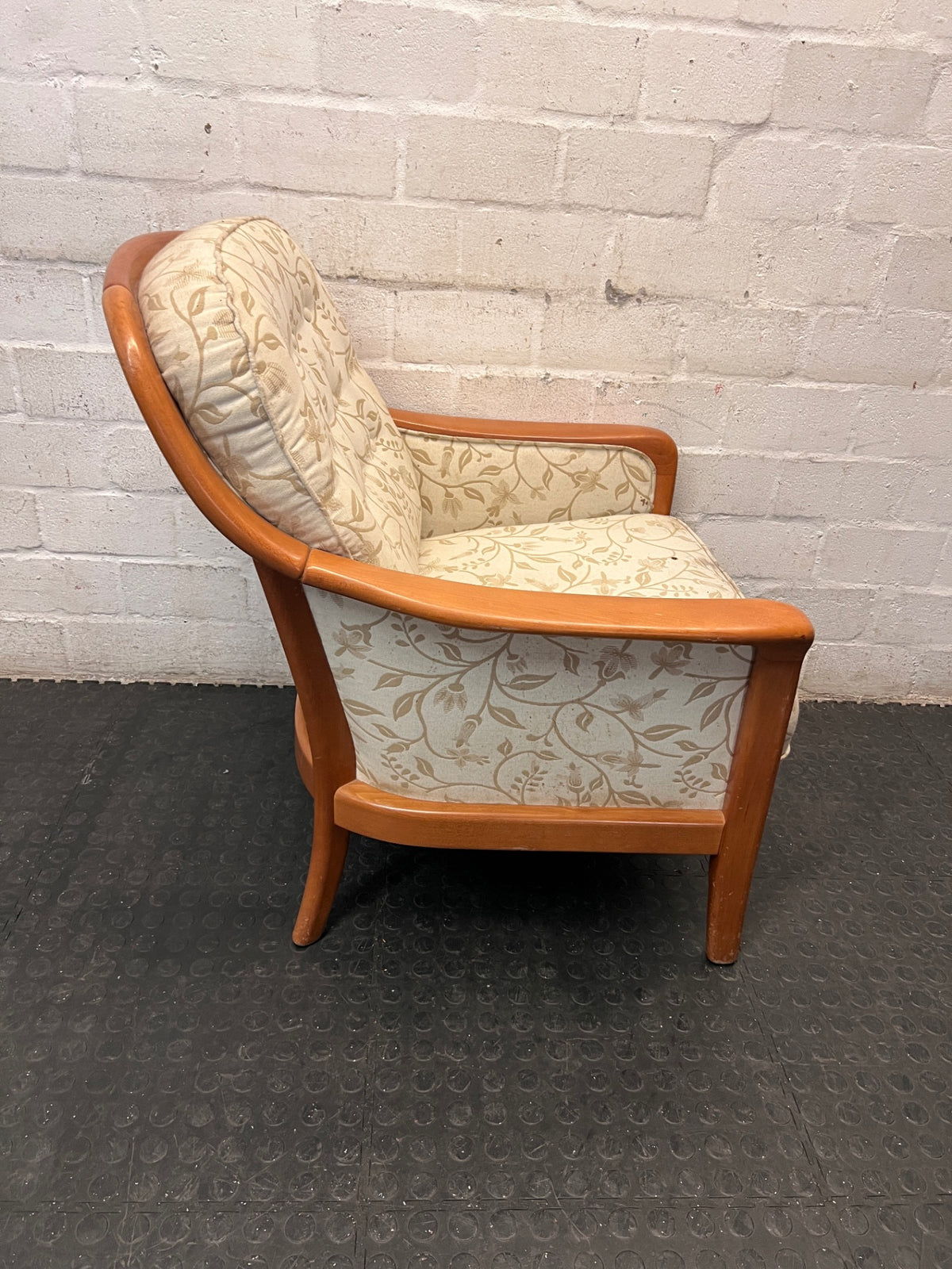Vintage Floral Upholstered Armchair with Wooden Frame – back view