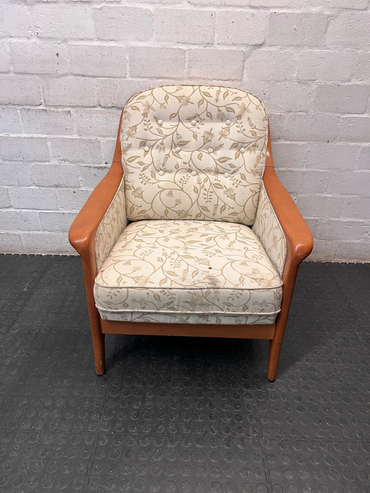 Vintage Floral Upholstered Armchair with Wooden Frame – main front view