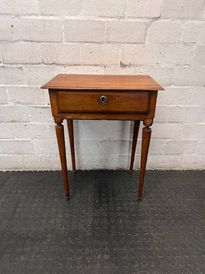 Tapered Leg Wooden Side Table with Drawer — Good Working Order – main front view