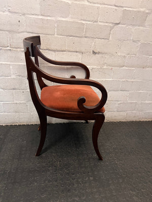 Classic Carved Wooden Visitor Chair with Upholstered Seat — Scuffs and Finish Wear on Wooden Frame – back view