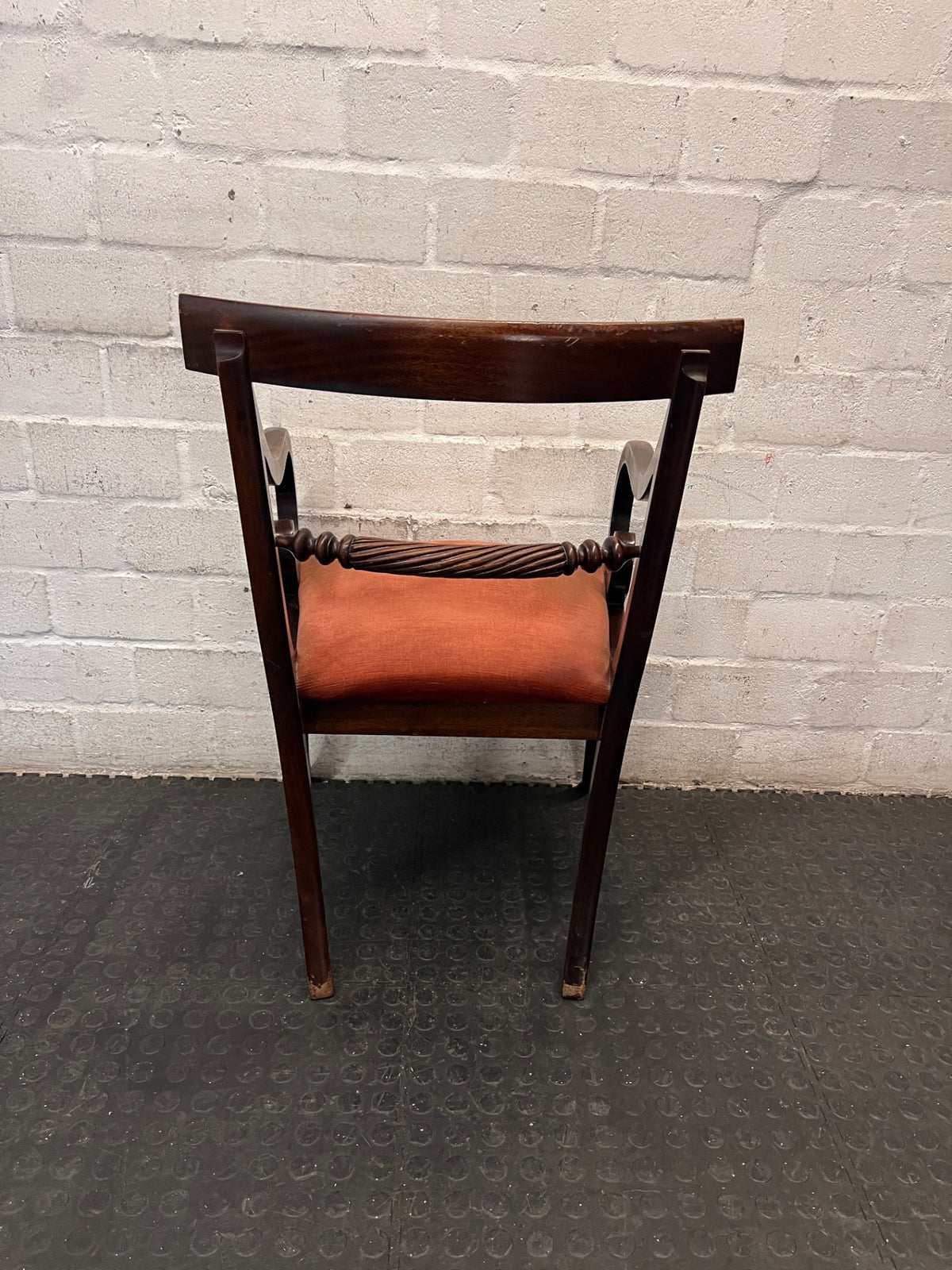Classic Carved Wooden Visitor Chair with Upholstered Seat — Scuffs and Finish Wear on Wooden Frame – condition detail