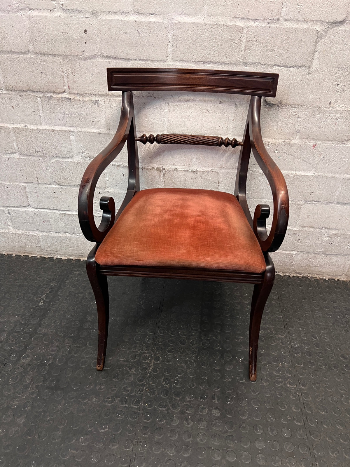Classic Carved Wooden Visitor Chair with Upholstered Seat — Scuffs and Finish Wear on Wooden Frame – main front view