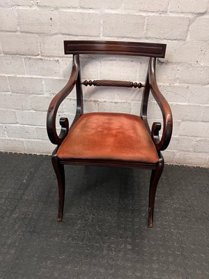 Classic Carved Wooden Visitor Chair with Upholstered Seat — Scuffs and Finish Wear on Wooden Frame – main front view