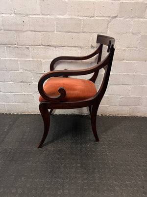 Classic Carved Wooden Visitor Chair with Upholstered Seat — Scuffs and Finish Wear on Wooden Frame – side view