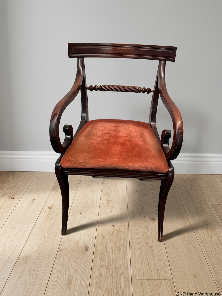 Classic Carved Wooden Visitor Chair with Upholstered Seat — Scuffs and Finish Wear on Wooden Frame – styled product image