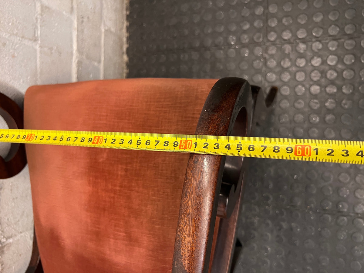 Classic Carved Wooden Visitor Chair with Upholstered Seat — Scuffs and Finish Wear on Wooden Frame – width measurement