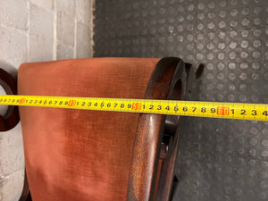 Classic Carved Wooden Visitor Chair with Upholstered Seat — Scuffs and Finish Wear on Wooden Frame – width measurement
