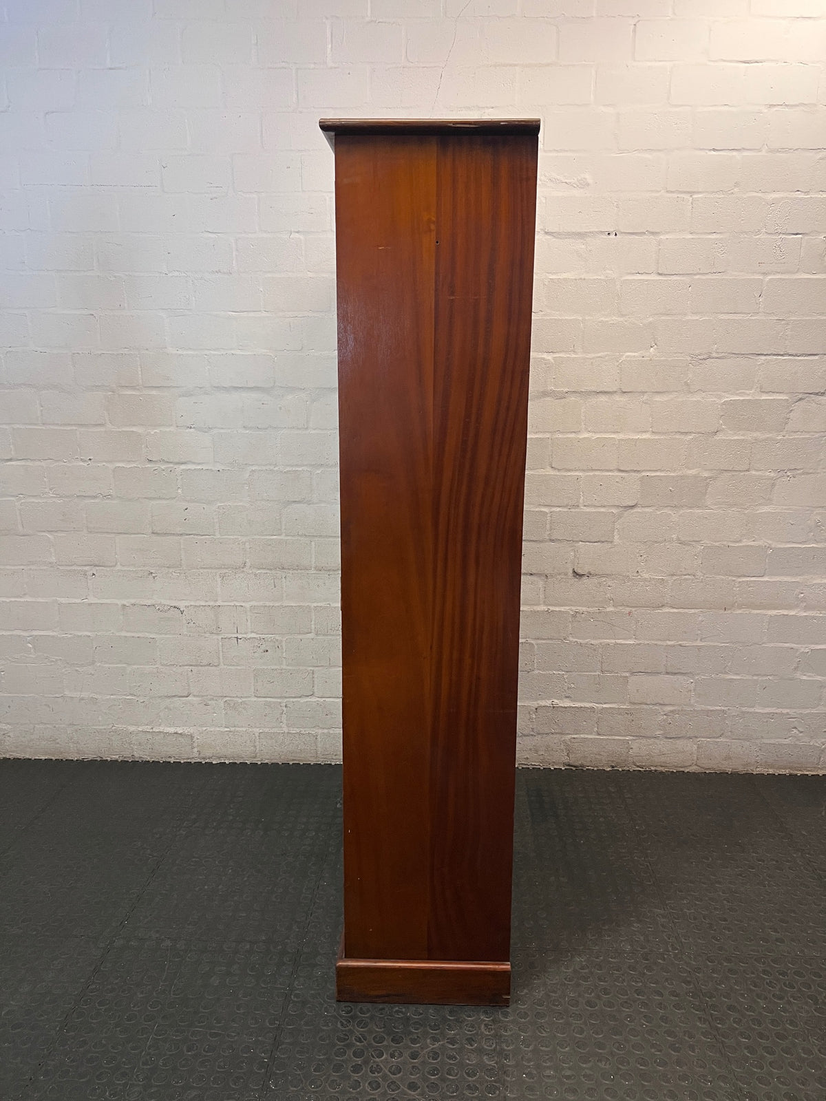 Tall Wooden Glass-Front Display Cabinet — Water Damage Present – condition detail