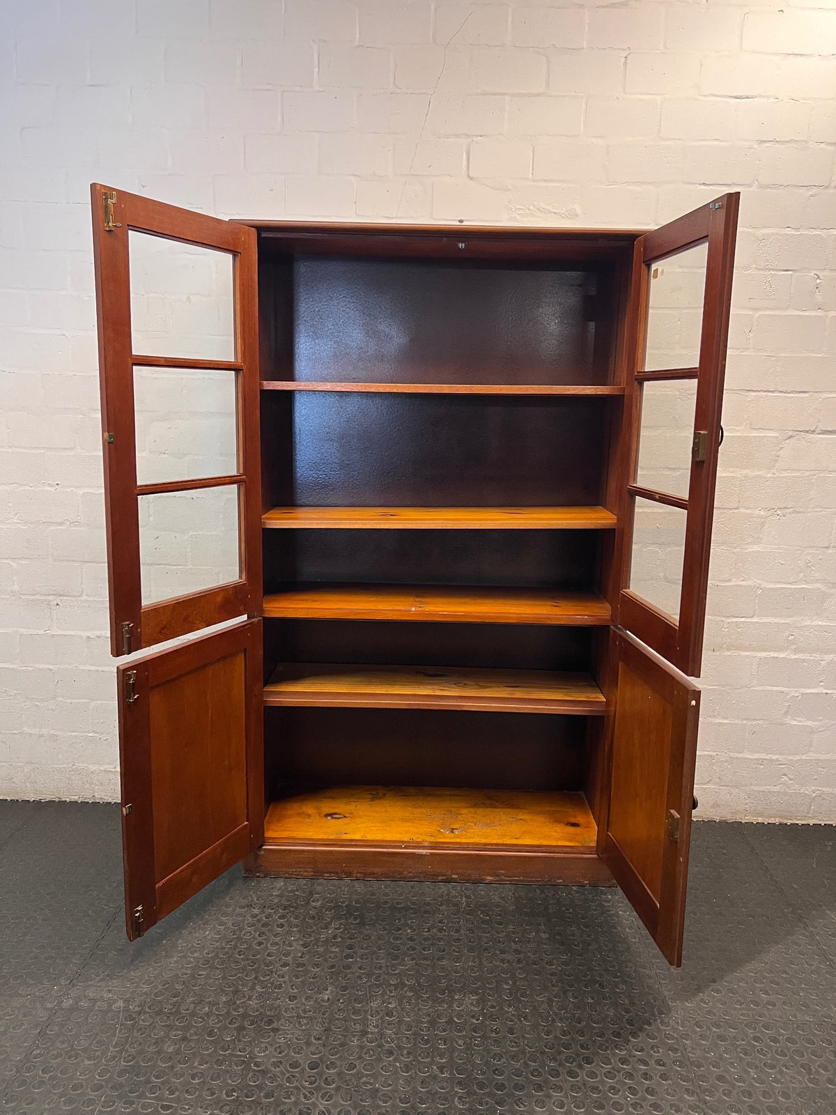 Tall Wooden Glass-Front Display Cabinet — Water Damage Present – side view