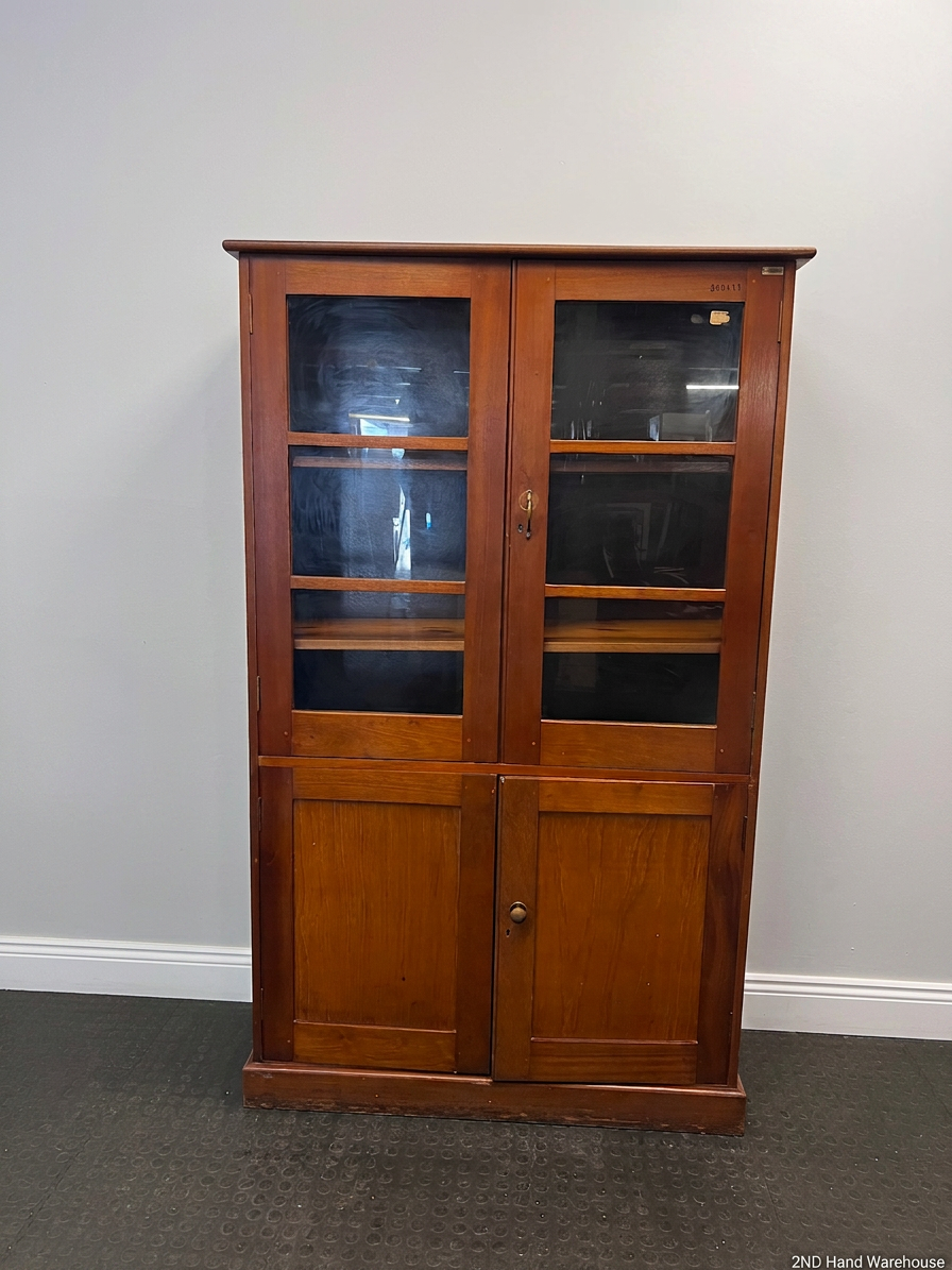 Tall Wooden Glass-Front Display Cabinet — Water Damage Present – styled product image