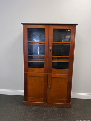Tall Wooden Glass-Front Display Cabinet — Water Damage Present – styled product image