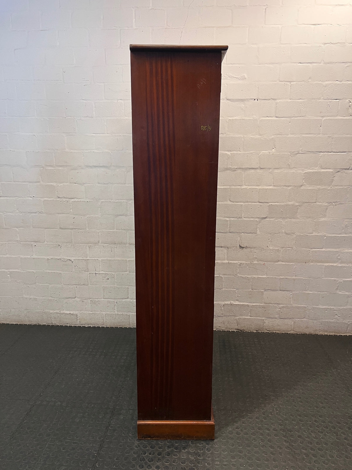 Tall Wooden Glass-Front Display Cabinet — Water Damage Present – top view