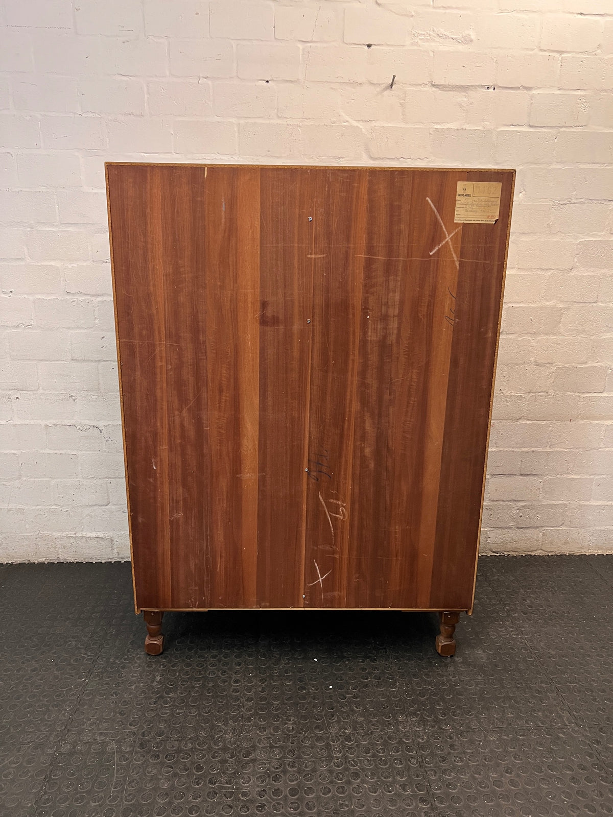 Classic Wooden Two-Door Panelled Cupboard — Two Broken Legs – back view