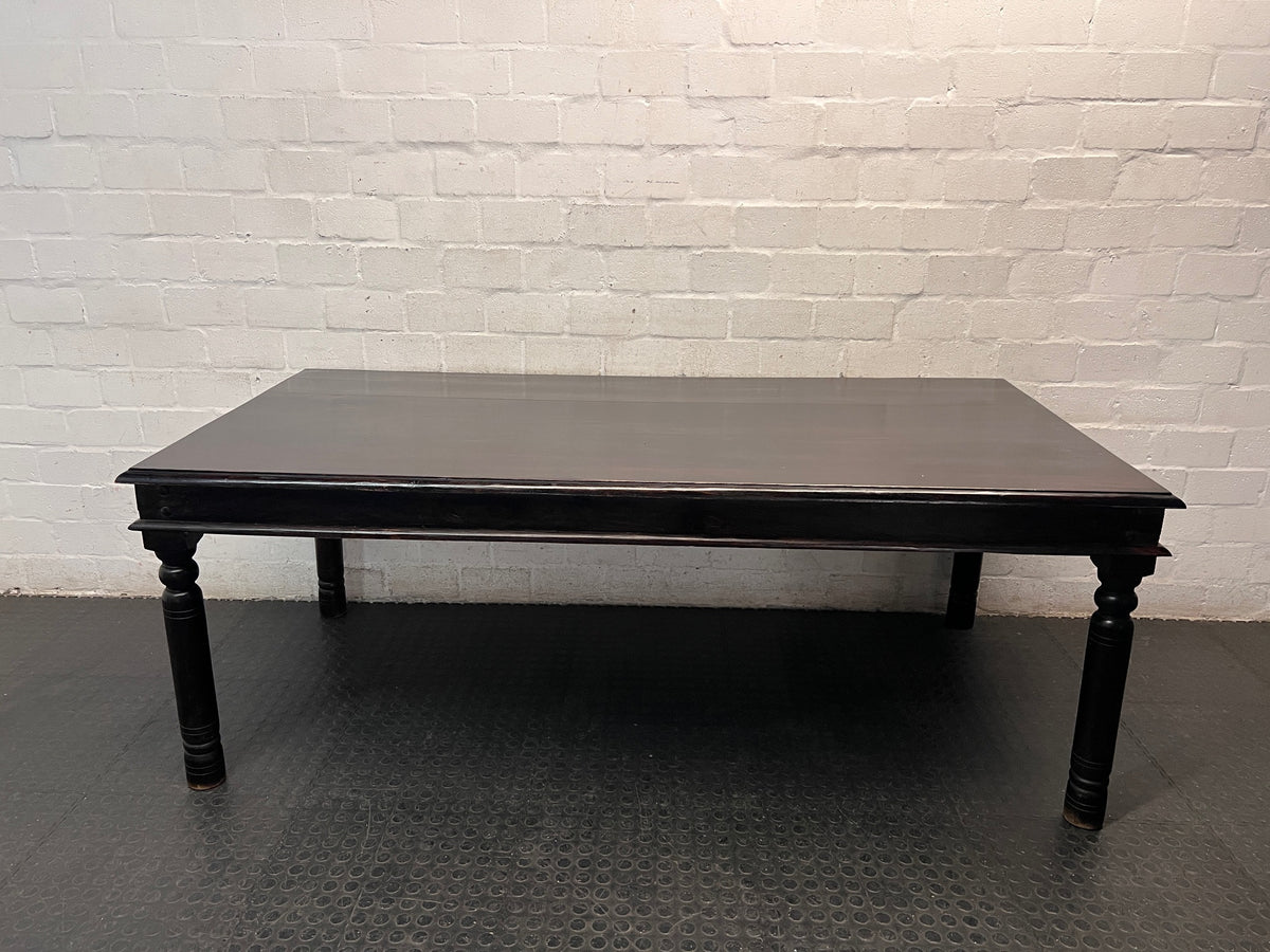 Dark Wood Dining Table with Turned Legs — Used Condition with Surface Wear – back view