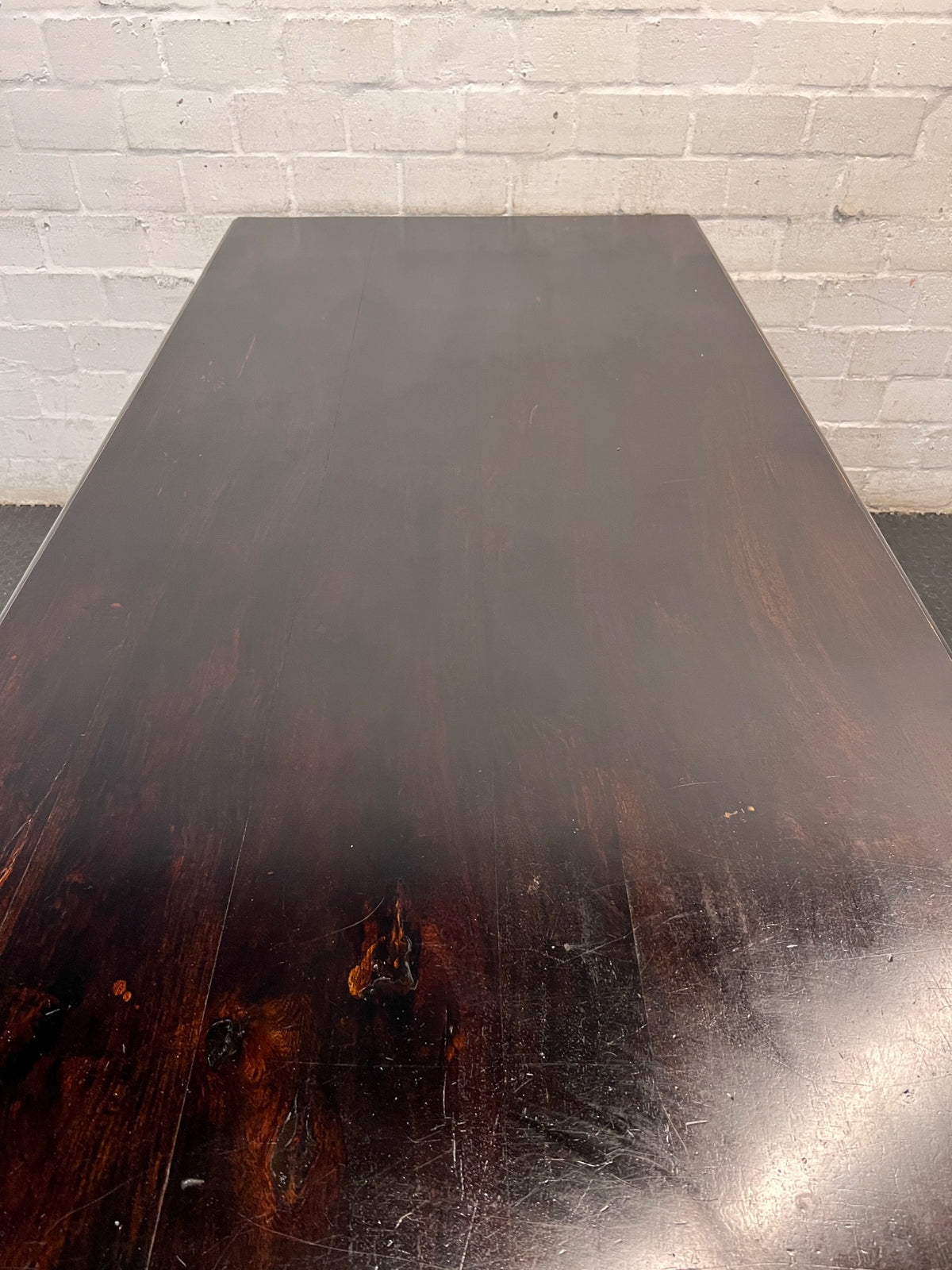 Dark Wood Dining Table with Turned Legs — Used Condition with Surface Wear – condition detail