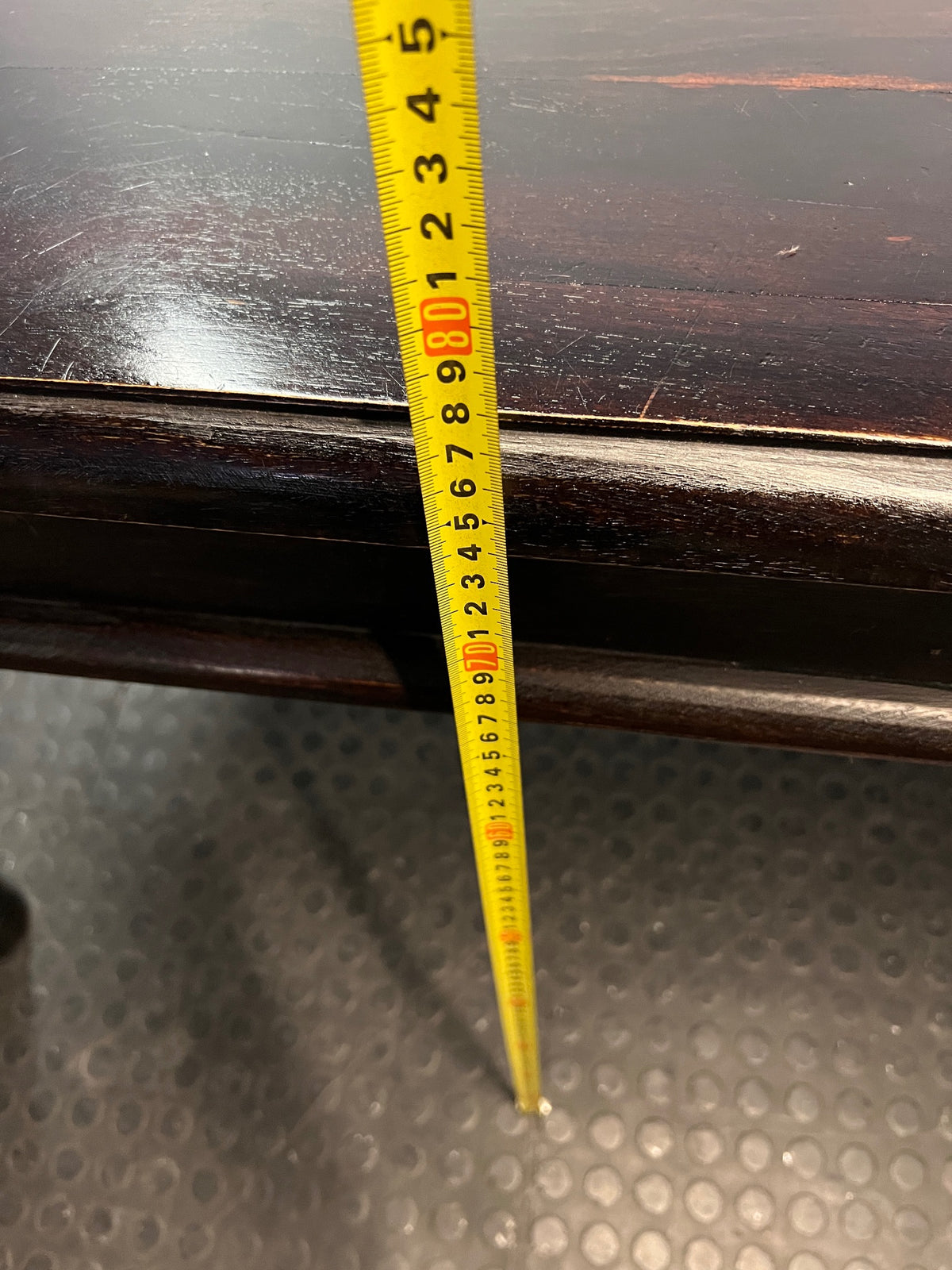 Dark Wood Dining Table with Turned Legs — Used Condition with Surface Wear – height measurement
