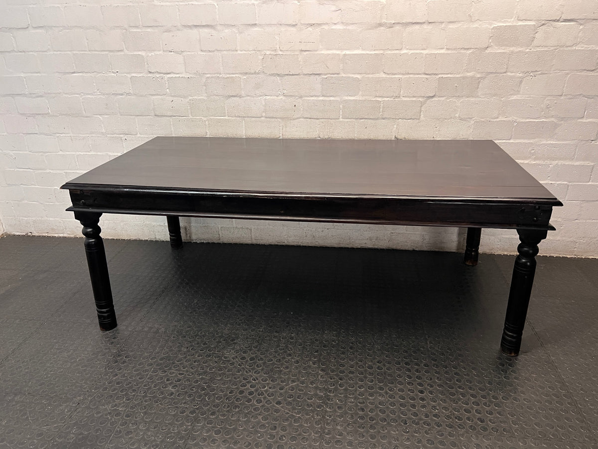 Dark Wood Dining Table with Turned Legs — Used Condition with Surface Wear – main front view