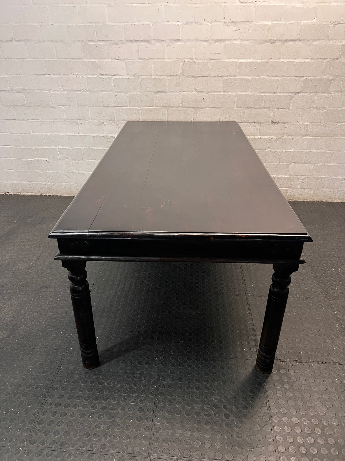 Dark Wood Dining Table with Turned Legs — Used Condition with Surface Wear – side view