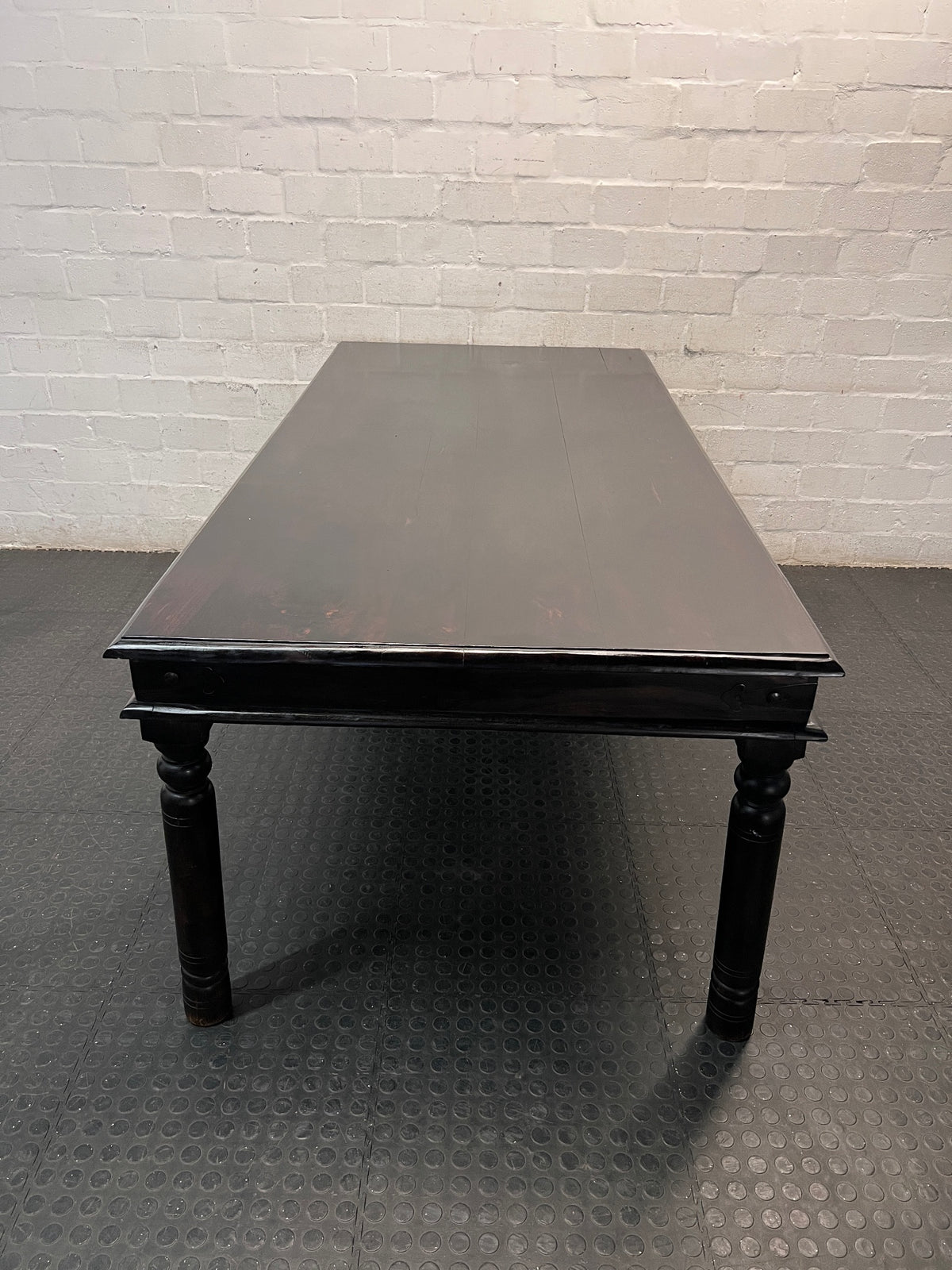 Dark Wood Dining Table with Turned Legs — Used Condition with Surface Wear – top view