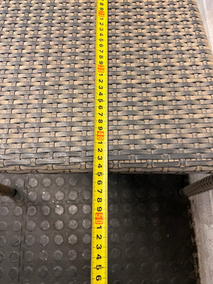 Grey Woven Synthetic Wicker Outdoor Chair — Well Used with Damaged Wicker Armrest – depth measurement
