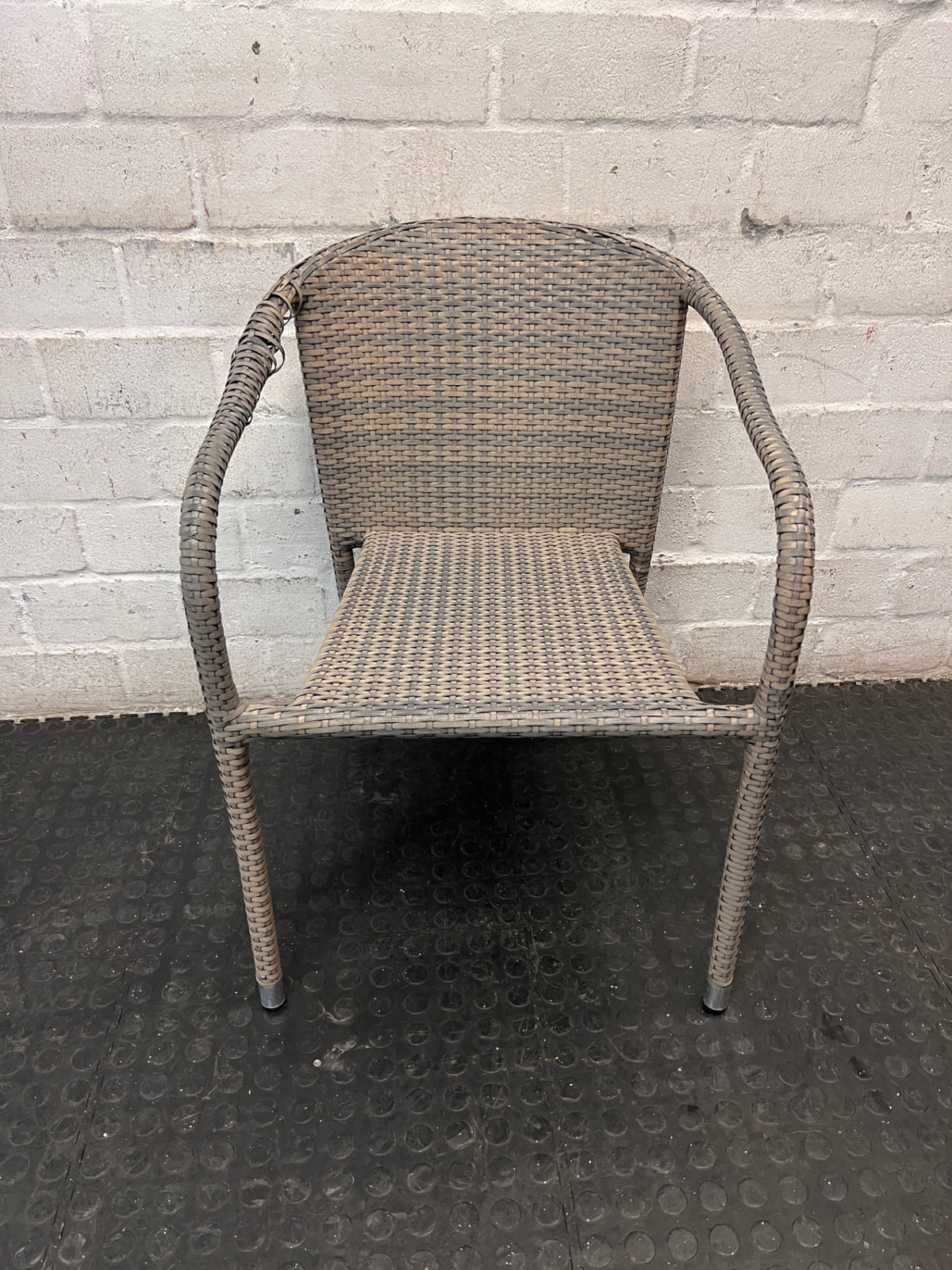 Grey Woven Synthetic Wicker Outdoor Chair — Well Used with Damaged Wicker Armrest – main front view