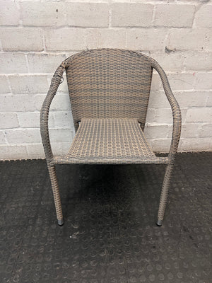 Grey Woven Synthetic Wicker Outdoor Chair — Well Used with Damaged Wicker Armrest – main front view