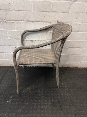 Grey Woven Synthetic Wicker Outdoor Chair — Well Used with Damaged Wicker Armrest – side view