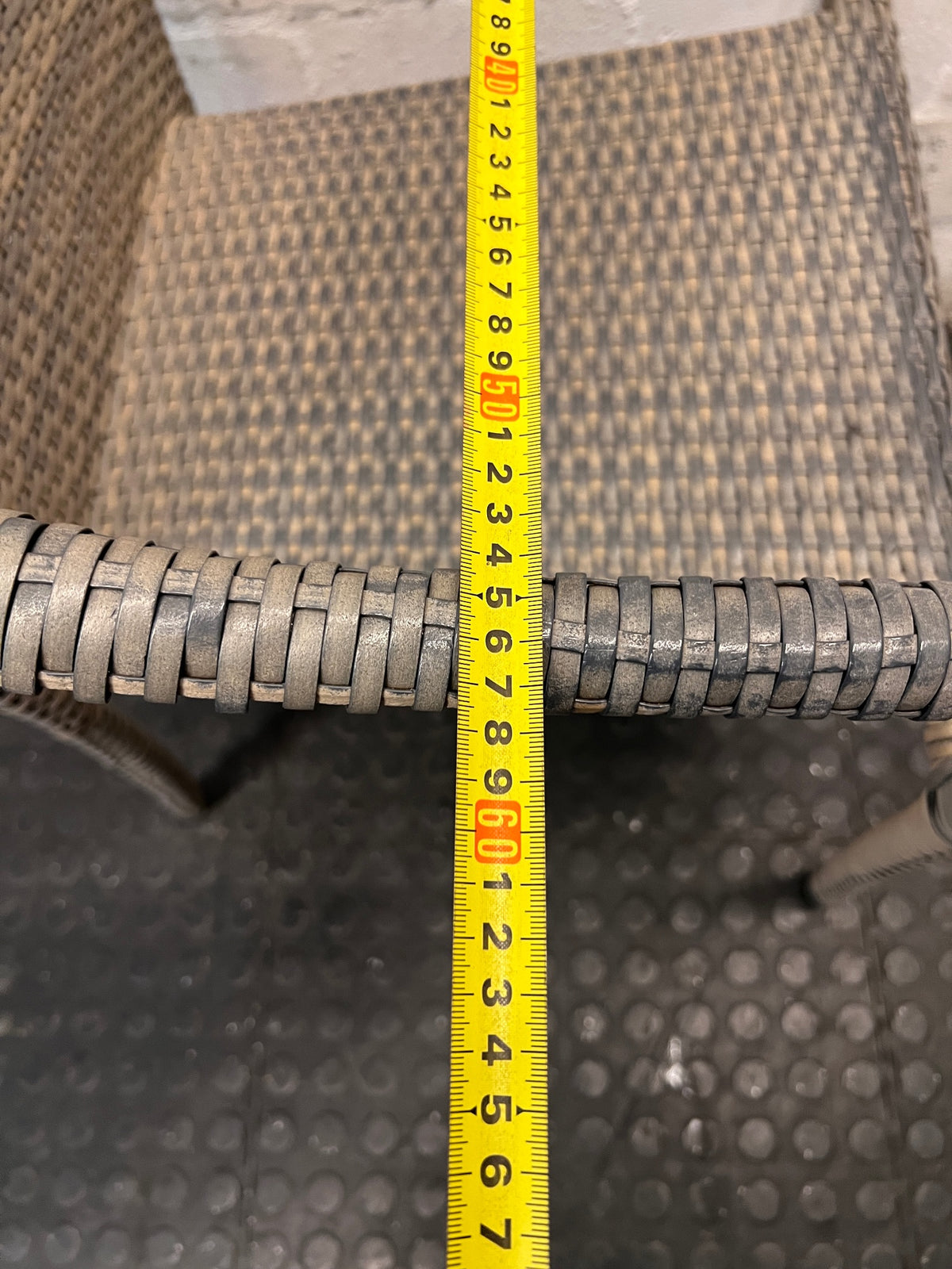 Grey Woven Synthetic Wicker Outdoor Chair — Well Used with Damaged Wicker Armrest – width measurement