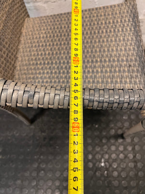 Grey Woven Synthetic Wicker Outdoor Chair — Well Used with Damaged Wicker Armrest – width measurement