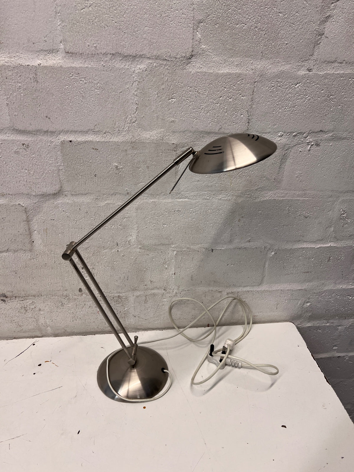 Modern Brushed Silver Adjustable Desk Lamp — Missing Light Bulb – side view
