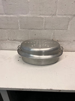 Oval Stainless Steel Roasting Dish with Lid — Well Used with Surface Scratches – back view