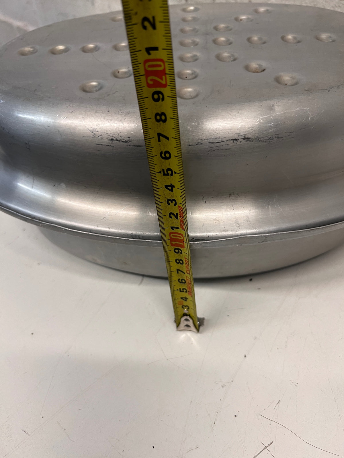 Oval Stainless Steel Roasting Dish with Lid — Well Used with Surface Scratches – height measurement