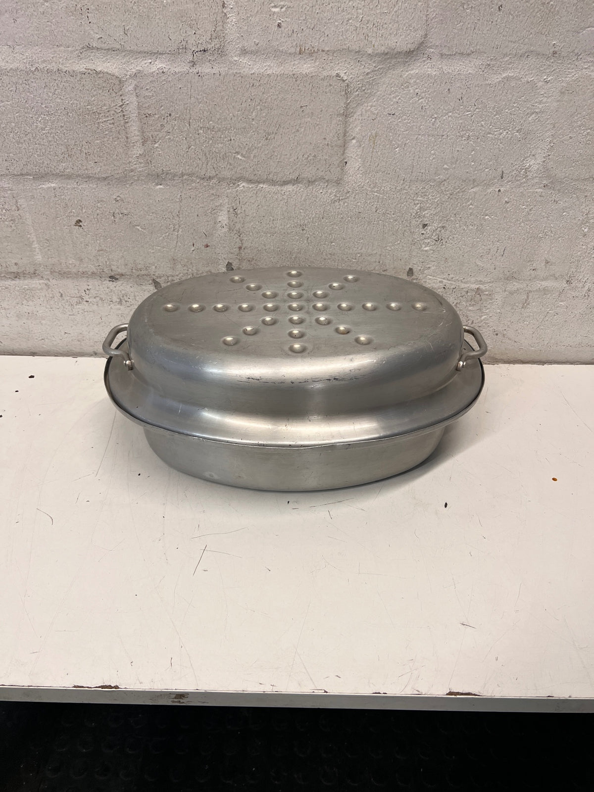 Oval Stainless Steel Roasting Dish with Lid — Well Used with Surface Scratches – main front view