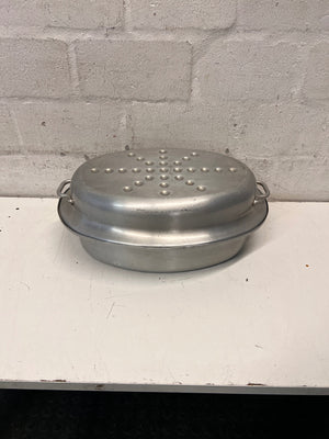 Oval Stainless Steel Roasting Dish with Lid — Well Used with Surface Scratches – main front view