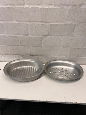 Oval Stainless Steel Roasting Dish with Lid — Well Used with Surface Scratches – side view