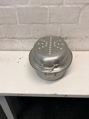 Oval Stainless Steel Roasting Dish with Lid — Well Used with Surface Scratches – top view
