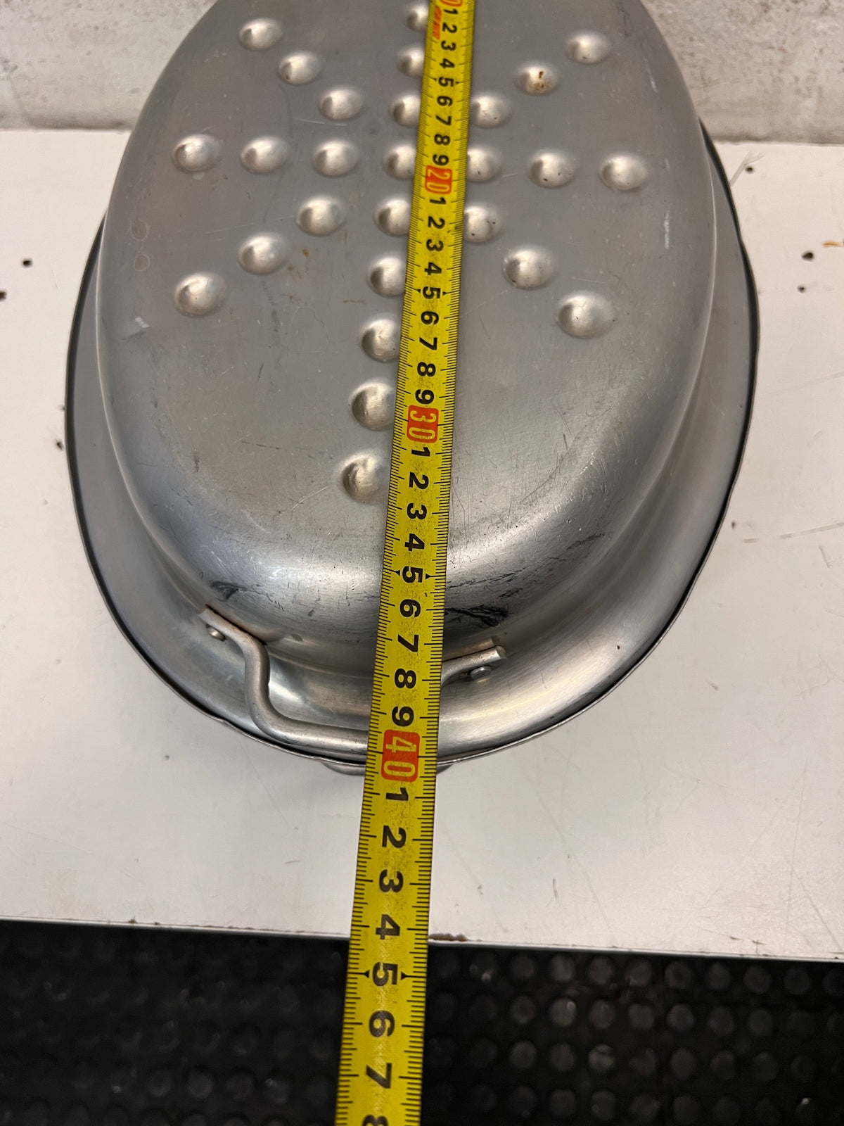 Oval Stainless Steel Roasting Dish with Lid — Well Used with Surface Scratches – width measurement
