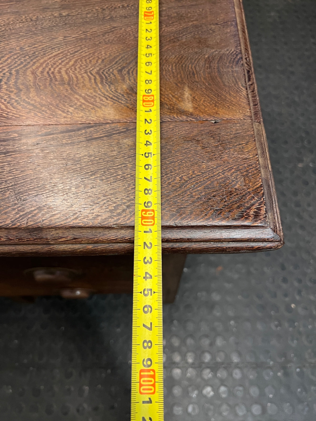 Classic Pedestal Wooden Office Desk with Cup Handles — Loose Top Surface and Age-Related Wear – depth measurement