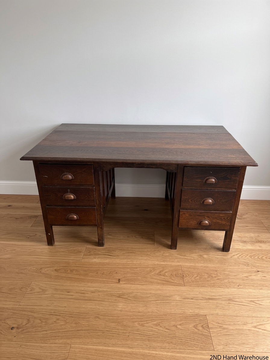 Classic Pedestal Wooden Office Desk with Cup Handles — Loose Top Surface and Age-Related Wear – styled product image