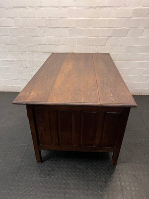 Classic Pedestal Wooden Office Desk with Cup Handles — Loose Top Surface and Age-Related Wear – top view