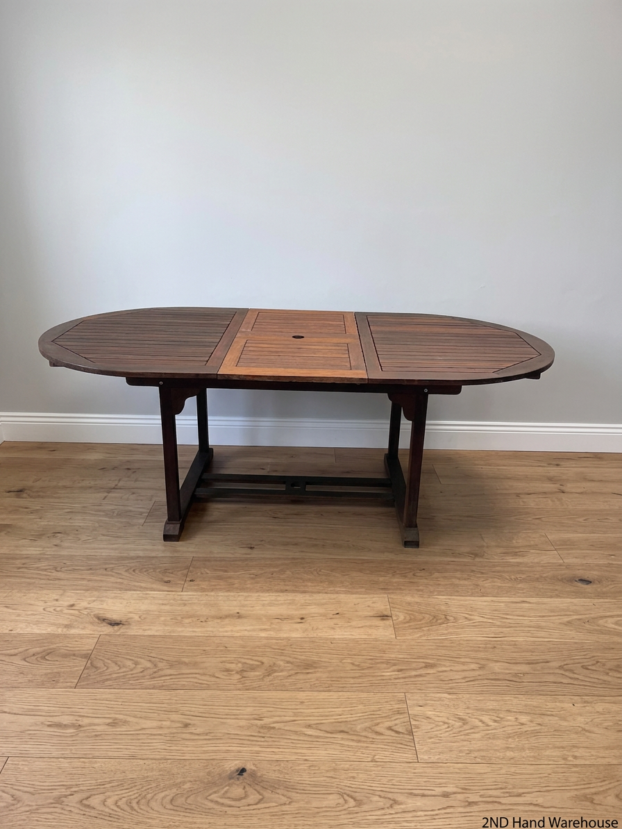 Oval Trestle-Style Wooden Outdoor Dining Table — Aged Wood with Worn Surface Finish