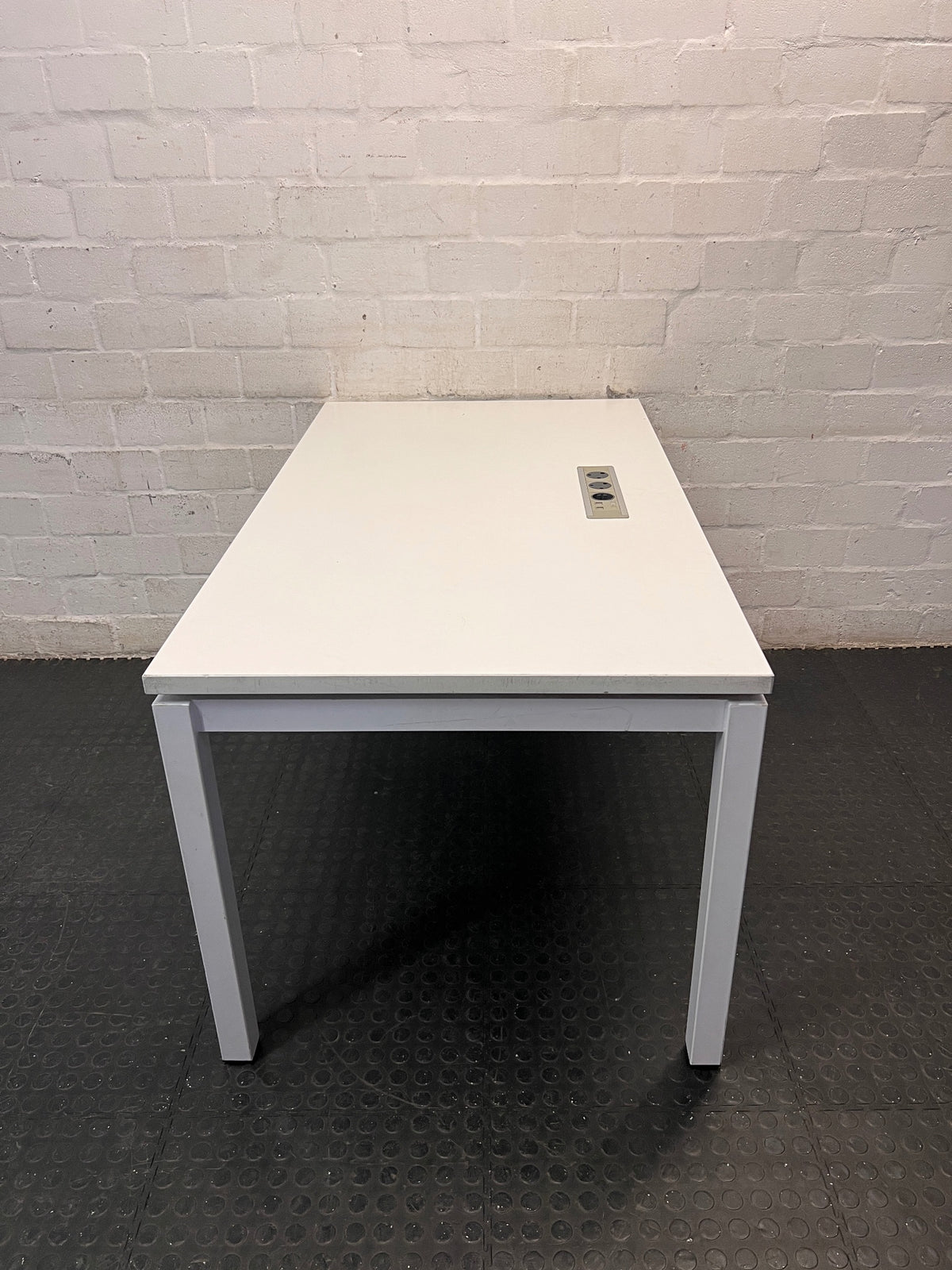 White Office Desk with Integrated Power Module — Signs of Transit Damage – back view