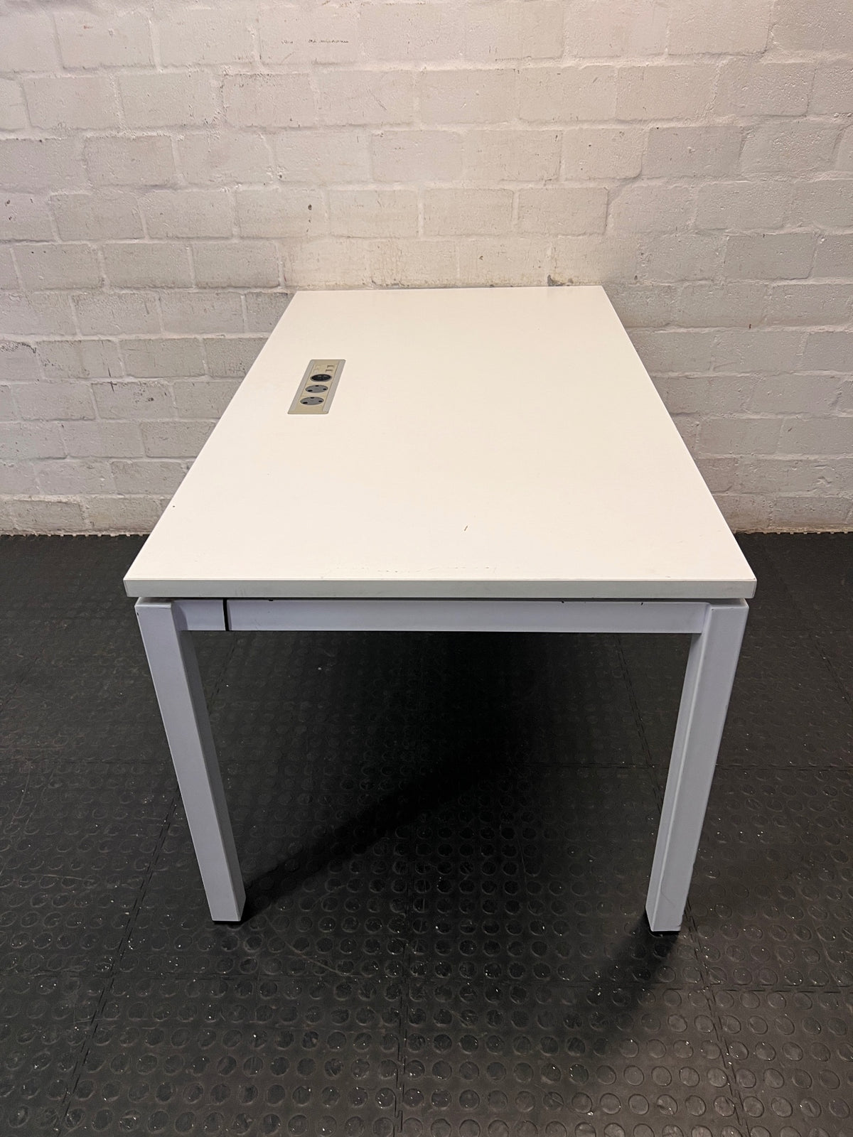 White Office Desk with Integrated Power Module — Signs of Transit Damage – side view
